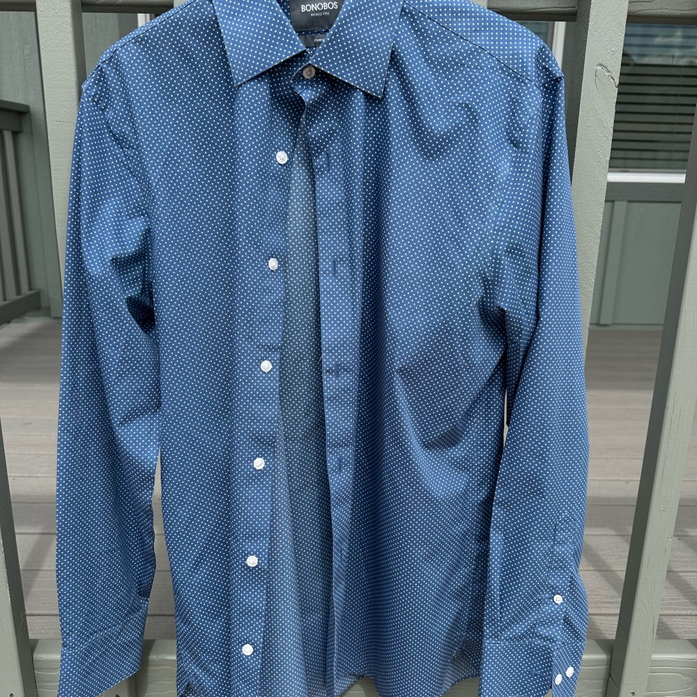 ✨ Men’s Bonobos Dress Shirt – Size 16 35 – Blue with White Polka Dots